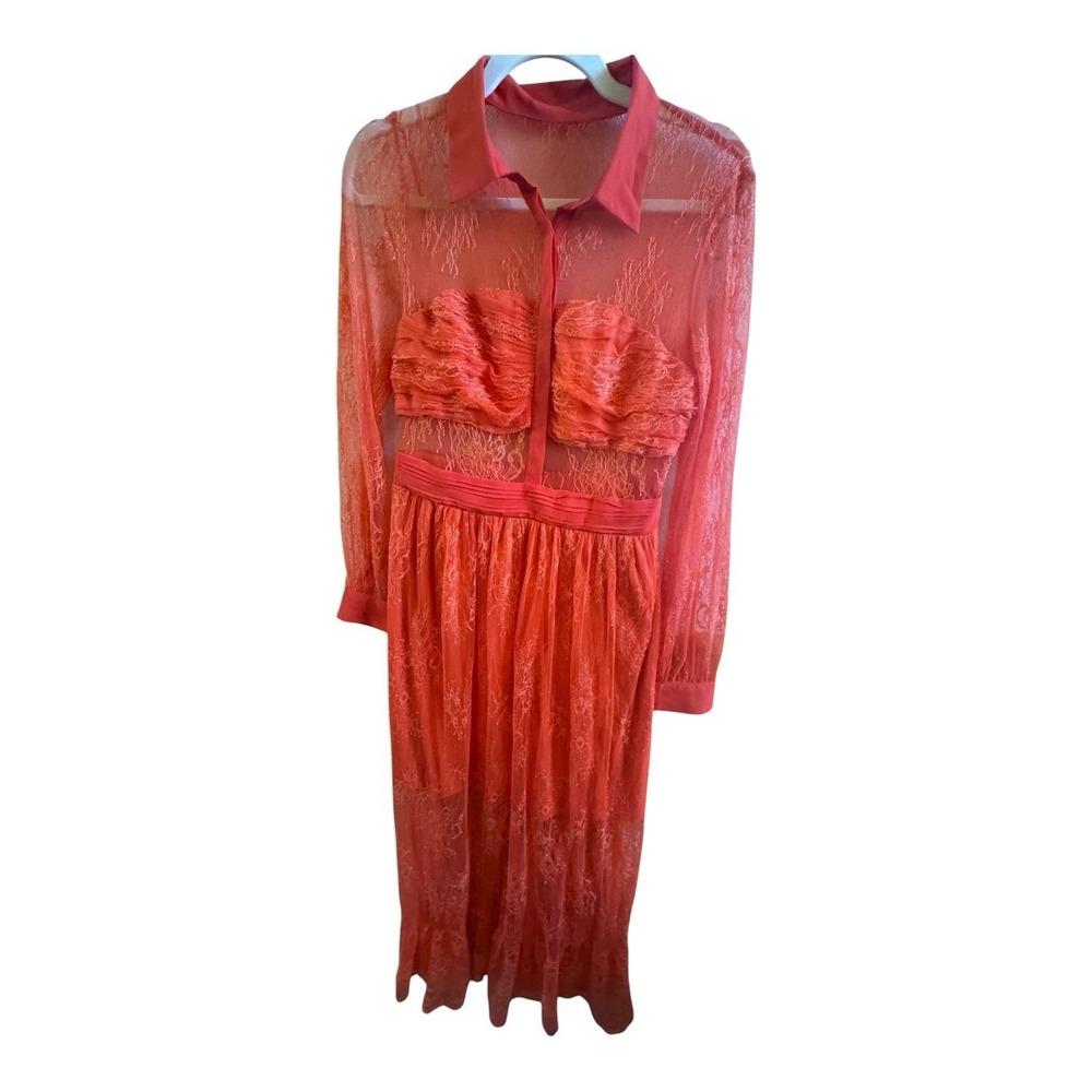 Venus Orange Floral Lace Sheer‎ Midi Collared Dress Sz 6 Structured Bodice Campy